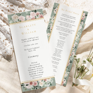 Dusty Rose Gold Sage Green Simple Wedding Programm