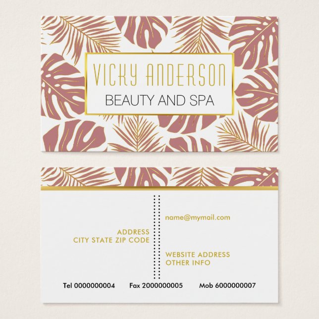 Dusty Rose, Gold tropische Blätter Visitenkarten (Vorne & Hinten)