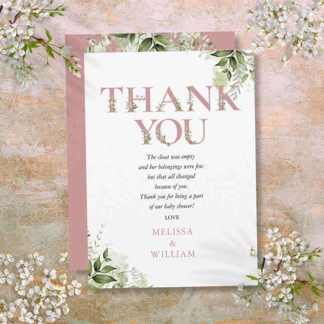 Dusty Rose Greenerity Letter Baby Shower Gedicht Dankeskarte (Dusty Rose Greenery Letter Baby Shower Poem Thank You Card)
