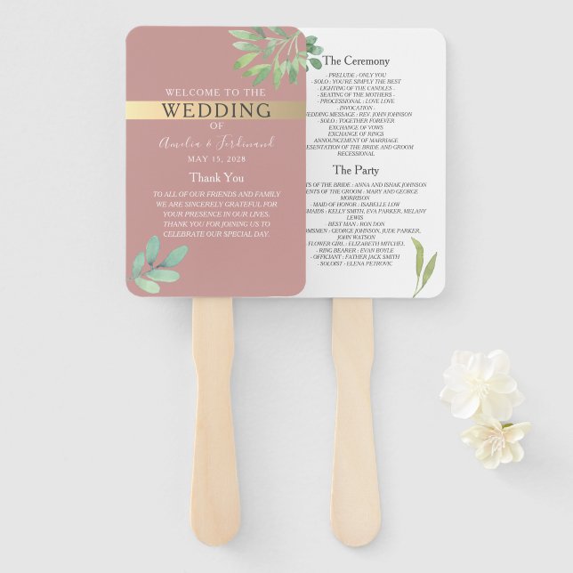 Dusty Rose Greenerity Wedding Program Fan Fächer (Vorne und Hinten)