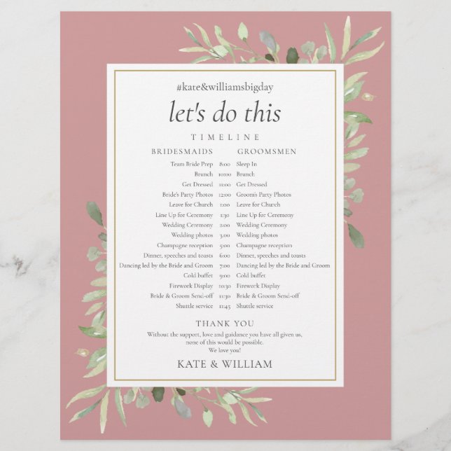 Dusty Rose Greenerity Wedding Zeitplan Timeline (Vorderseite)