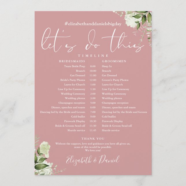 Dusty Rose Greenerity Wedding Zeitplan Timeline Programm (Vorderseite)