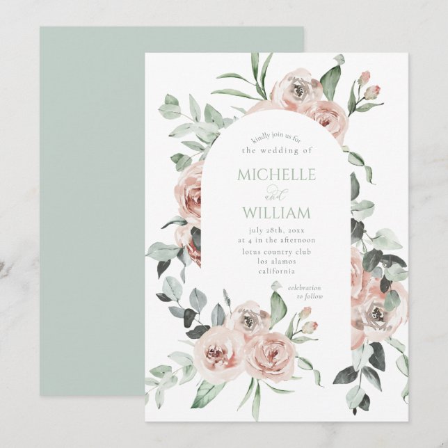 Dusty Rose Greenery Floral Delicate Wedding Einladung (Vorne/Hinten)