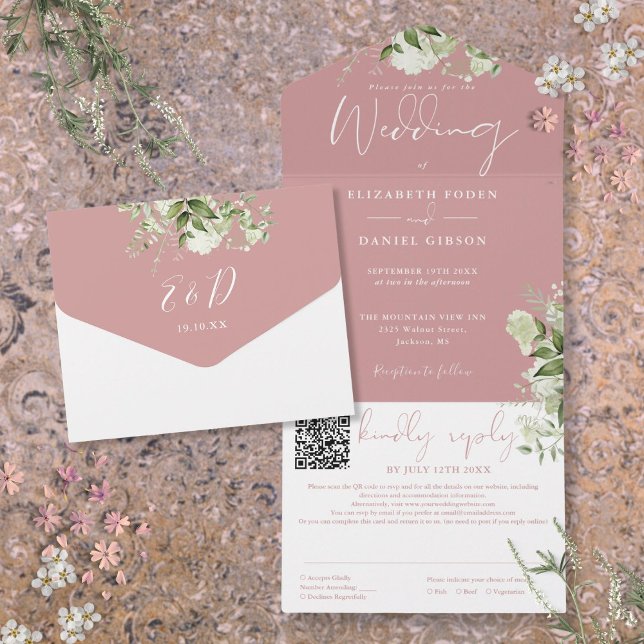 Dusty Rose Greenery Monogram QR Code Wedding All In One Einladung (Dusty Rose Greenery Monogram QR Code Wedding All In One Invitation)