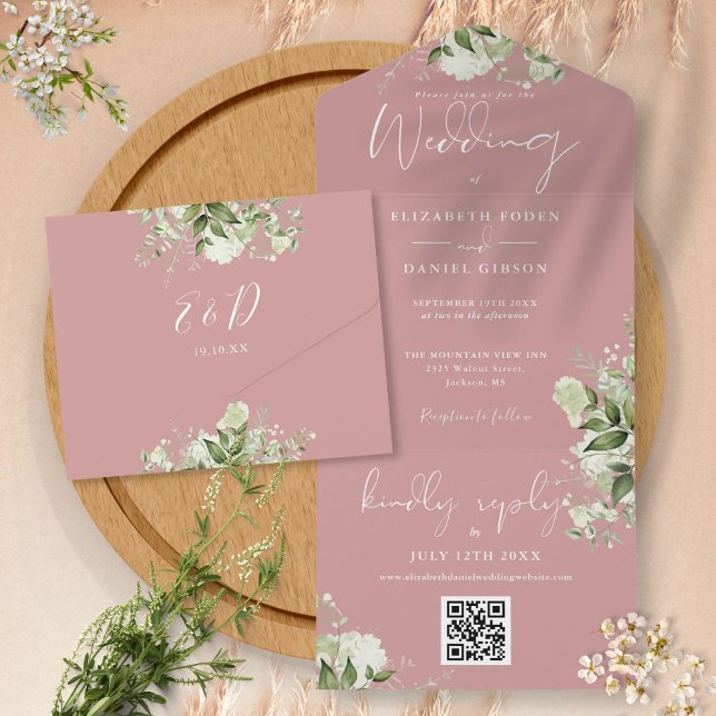 Dusty Rose Greenery QR Code Monogram Wedding All In One Einladung (Von Creator hochgeladen)
