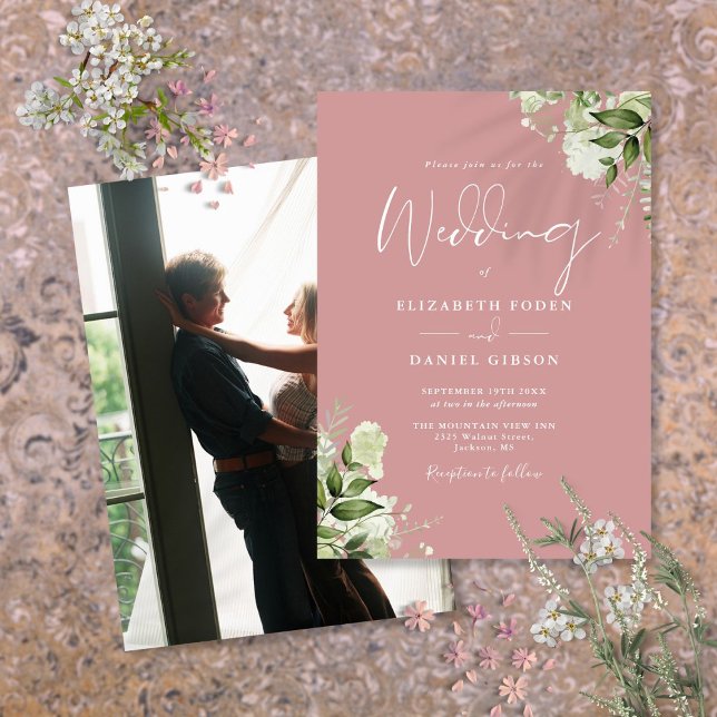 Dusty Rose Grüne Blätter Elegantes Foto Hochzeit Einladung (Dusty Rose Greenery Leaves Elegant Photo Wedding Invitation)