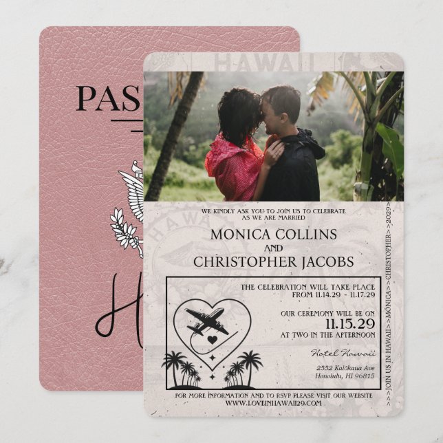 Dusty Rose Hawaii Passport Hochzeitseinladung Einladung (Vorne/Hinten)