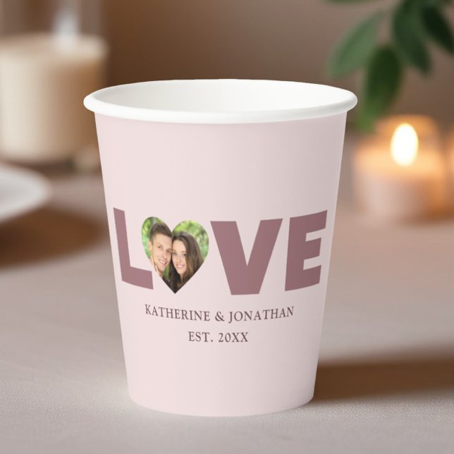 Dusty Rose Heart Cutout Liebe Paar Foto Pappbecher (Personalized Dusty Rose Love Heart Cutout Photo Paper Cup)