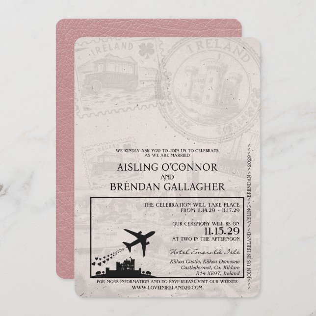 Dusty Rose Ireland Passport Wedding Einladung (Vorne/Hinten)