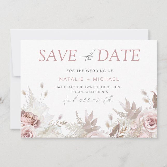 Dusty Rose & Ivory Boho Blues Hochzeit Save The Date (Vorderseite)