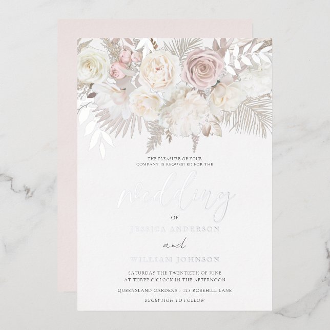 Dusty Rose & Ivory Boho Wedding Silver Folieneinladung (Vorderseite/Rückseite)
