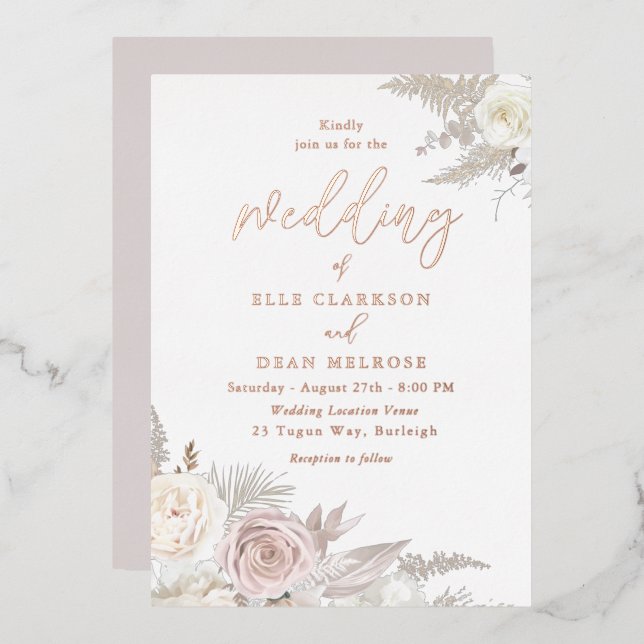 Dusty Rose & Ivory White Floral Wedding Rose Gold Folieneinladung (Vorderseite/Rückseite)