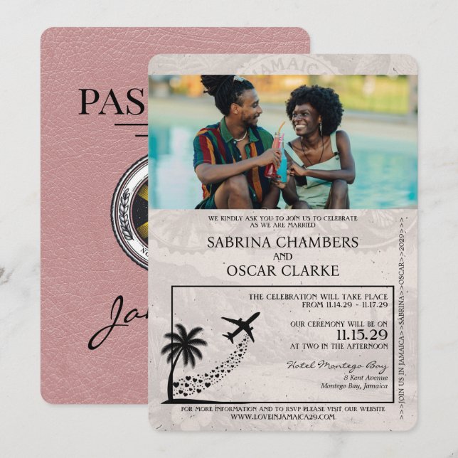 Dusty Rose Jamaica Passport Hochzeitseinladung Einladung (Vorne/Hinten)