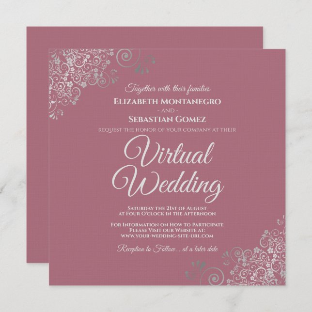 Dusty Rose & Lacy Silver Elegantes Virtual Wedding Einladung (Vorne/Hinten)