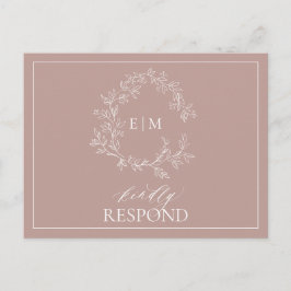 Dusty Rose Leafy Wappen Monogram Wedding RSVP Einladungspostkarte