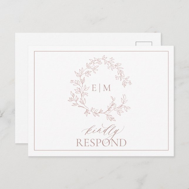 Dusty Rose Leafy Wappen Monogram Wedding RSVP Einladungspostkarte (Vorne/Hinten)