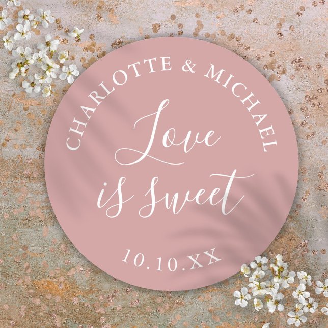 Dusty Rose Liebe ist süße Gastgeschenk Hochzeit Runder Aufkleber (Dusty Rose Love Is Sweet Wedding Favor Classic Round Sticker)