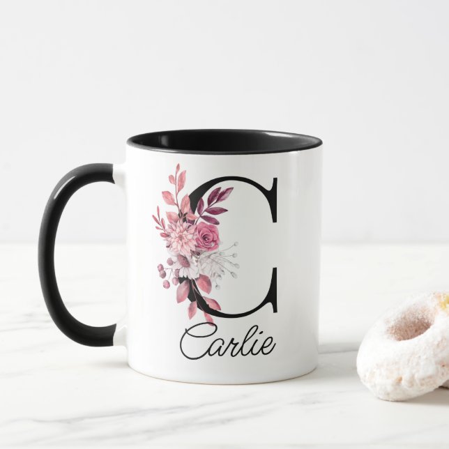 Dusty Rose Mauve Floral Letter C Monogram Tasse (Mit Donut)