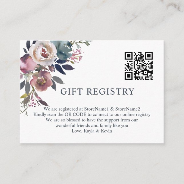 Dusty Rose Mauve Navy Blue QR Code GIFT Registry Begleitkarte (Vorderseite)