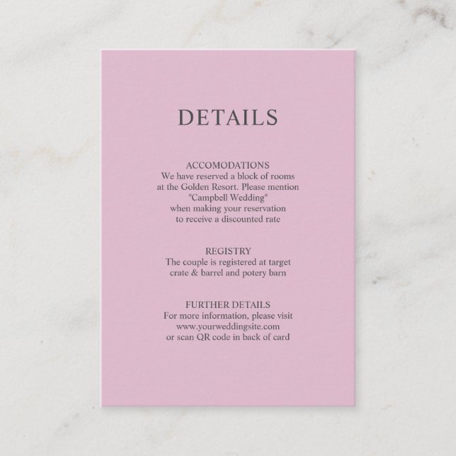 Dusty Rose Mauve QR code Wedding DETAILS Begleitkarte (Vorderseite)