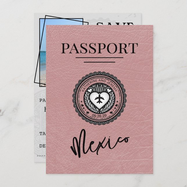 Dusty Rose Mexico Passport Save the Date (Vorne/Hinten)