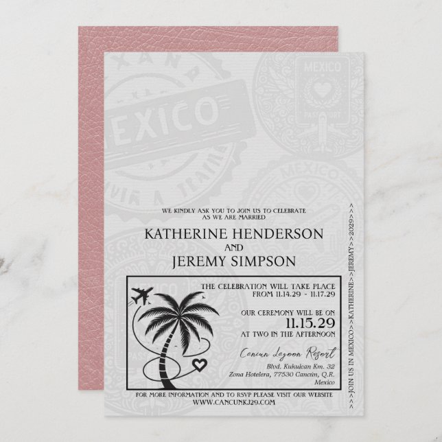 Dusty Rose Mexico Passport Wedding Einladung (Vorne/Hinten)