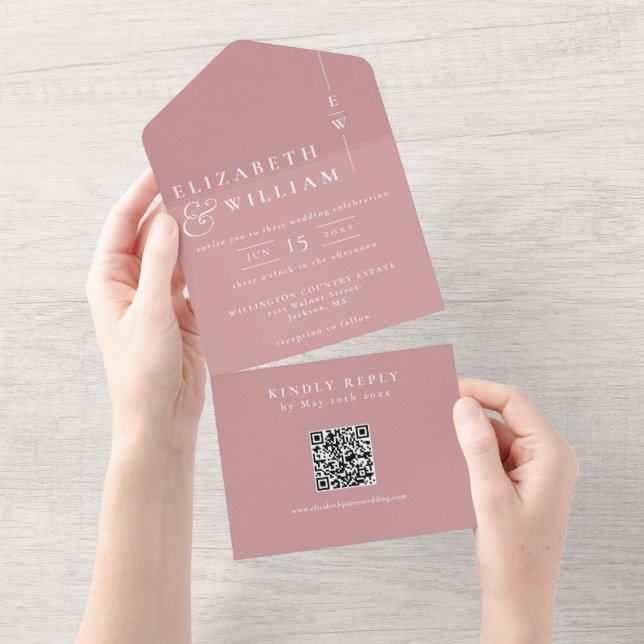 Dusty Rose Minimalistisch Monogram QR Code Hochzei All In One Einladung (Abreißen)