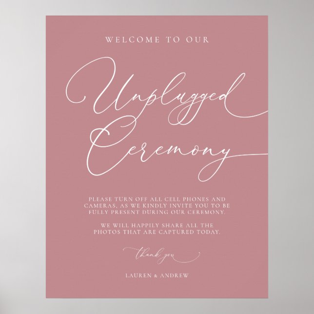 Dusty Rose Minimalistisch Wedding Unplugged Zeremo Poster (Vorne)