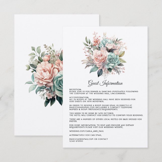 Dusty Rose, Mint Green und Blush Guest Details Begleitkarte (Vorne/Hinten)