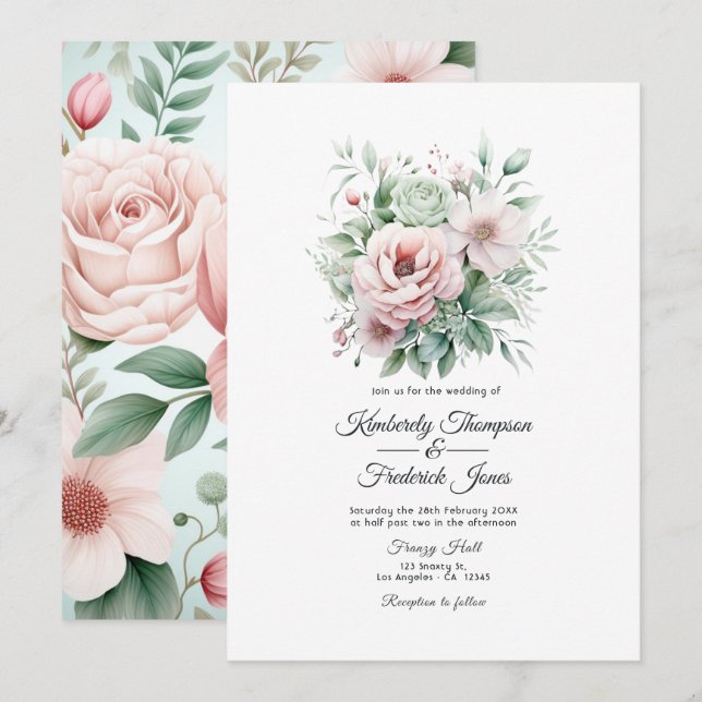 Dusty Rose, Minze Green und Blush Floral Wedding Einladung (Vorne/Hinten)