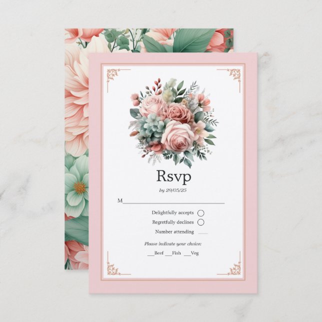 Dusty Rose, Minze Green und Blush Floral Wedding RSVP Karte (Vorne/Hinten)
