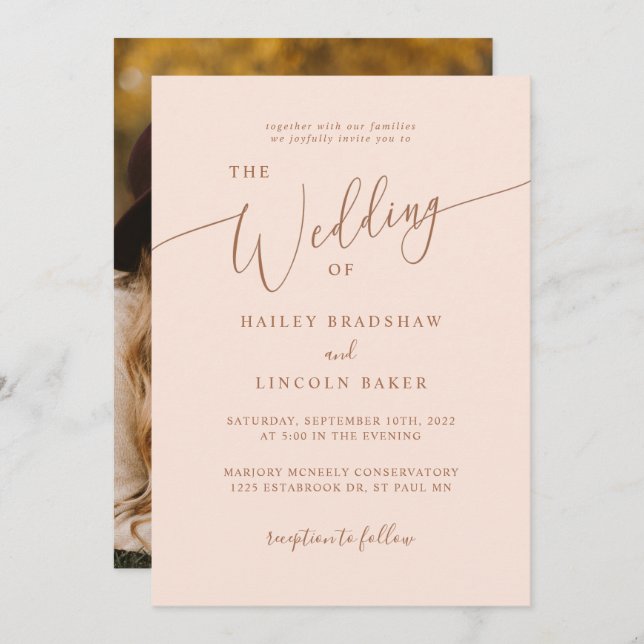 Dusty Rose Moderne Minimal Foto Hochzeit Einladung (Vorne/Hinten)