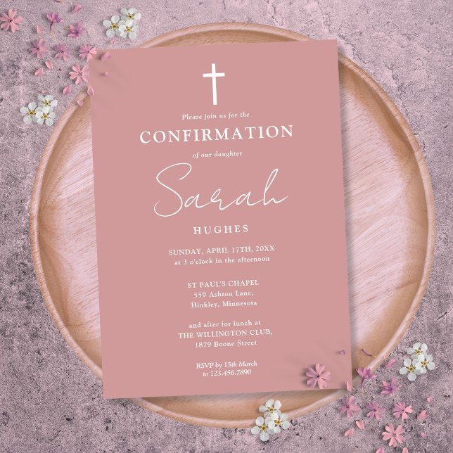 Dusty Rose Moderne Minimalistische Bestätigung Einladung (Dusty Rose Modern Minimalist Confirmation Invitation)