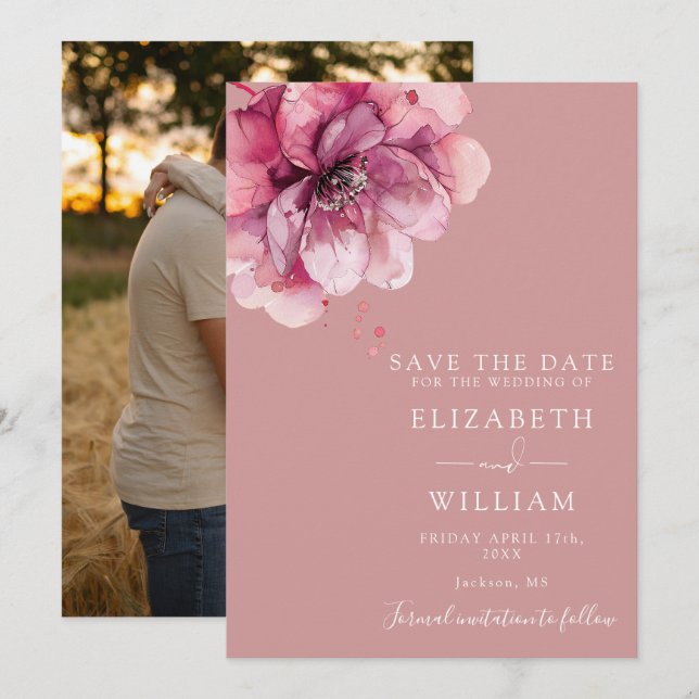 Dusty Rose Moderne Wasserfarben Foto Hochzeit Save The Date (Vorne/Hinten)