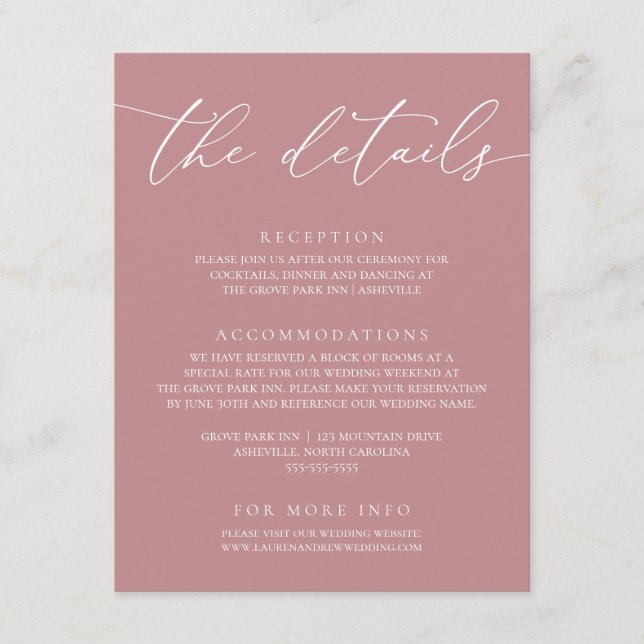 Dusty Rose Modernes Minimalistisches Hochzeitsreis Begleitkarte (Vorderseite)