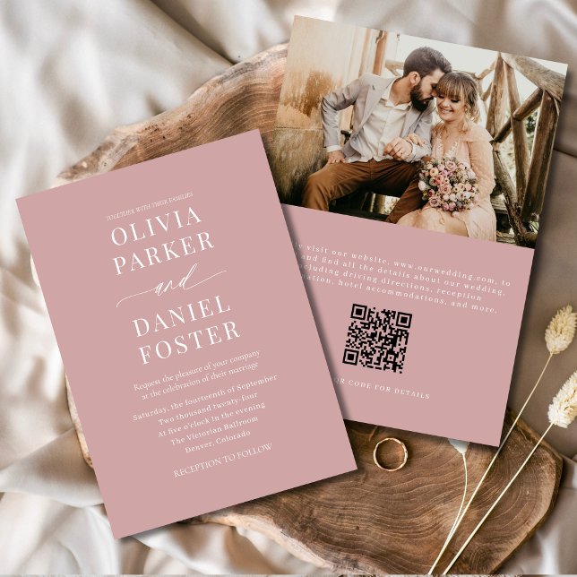 Dusty Rose Modernes QR Code Foto Hochzeit Einladung (Von Creator hochgeladen)