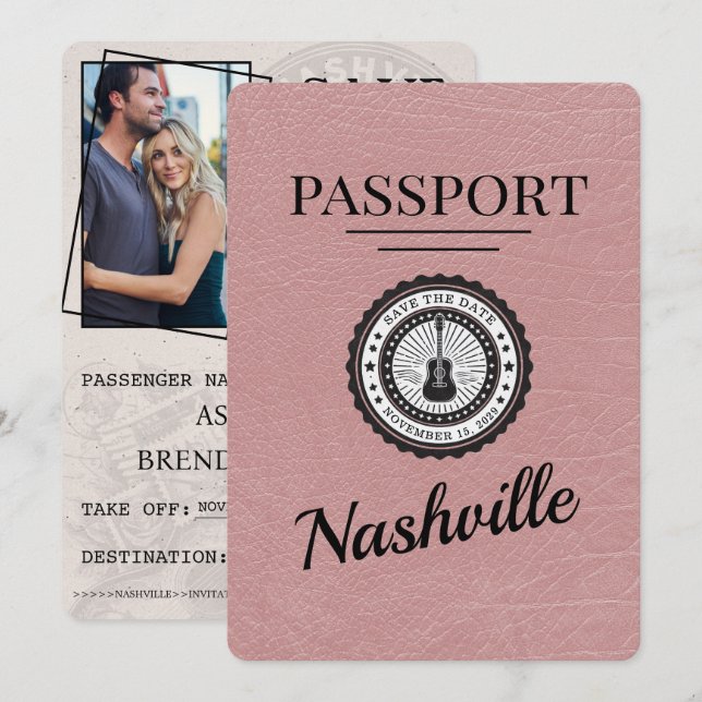 Dusty Rose Nashville Passport Save the Date (Vorne/Hinten)