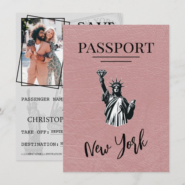 Dusty Rose New York City Passport Save the Date (Vorne/Hinten)