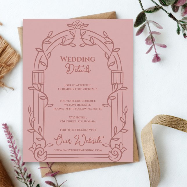 Dusty Rose Ornate Arch Botanical Wedding Details Begleitkarte (Dusty Rose Ornate Arch Botanical Wedding Details Card | Elegant Wedding Information Enclosure)
