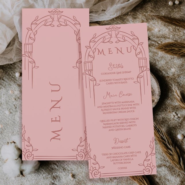 Dusty Rose Ornate Arch Botanical Wedding Dinner Menükarte (Dusty Rose Ornate Arch Botanical Wedding Menu Card)
