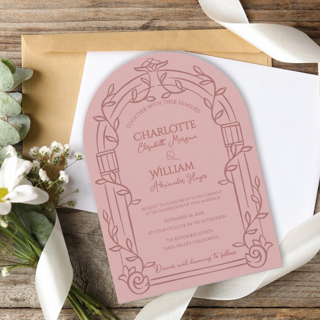 Dusty Rose Ornate Arch Botanical Wedding Einladung (Dusty Rose Ornate Arch Botanical Wedding Invitation | Romantic Garden Estate Wedding Invite)