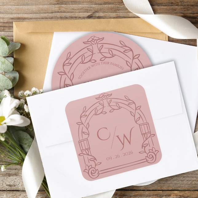 Dusty Rose Ornate Arch Botanical Wedding Envelope  Quadratischer Aufkleber (Elegant Dusty Rose Ornate Arch Botanical Wedding Envelope Seal Sticker)