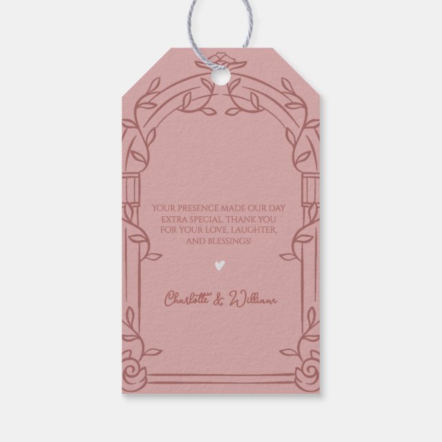 Dusty Rose Ornate Arch Botanical Wedding Favor Geschenkanhänger (Rückseite)