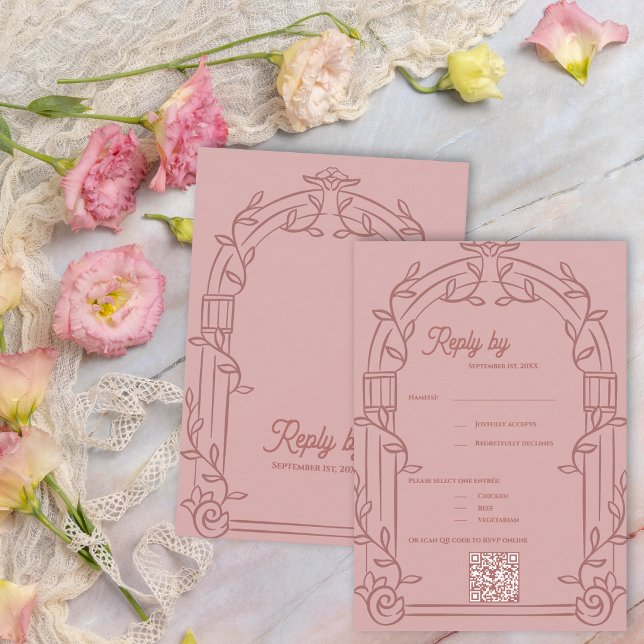 Dusty Rose Ornate Arch Botanical Wedding Reply By RSVP Karte (Dusty Rose Ornate Arch Botanical Wedding RSVP Card with QR Code | Romantic Wedding Reply Card)