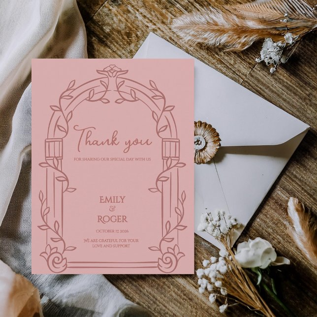 Dusty Rose Ornate Arch Botanical Wedding Thank You Postkarte (Dusty Rose Ornate Arch Botanical Wedding Thank You Card | Romantic Wedding Thank You Note)
