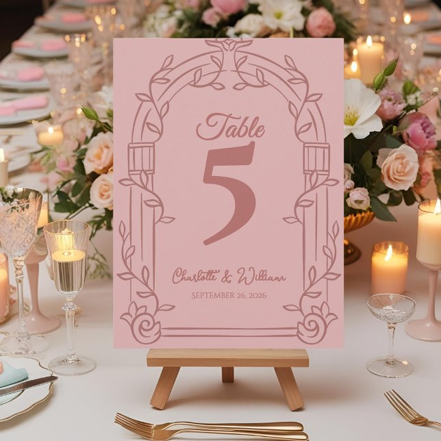 Dusty Rose Ornate Arch Wedding Table Number Card Dankeskarte (Elegant Dusty Rose Ornate Arch Botanical Wedding Table Number Card)