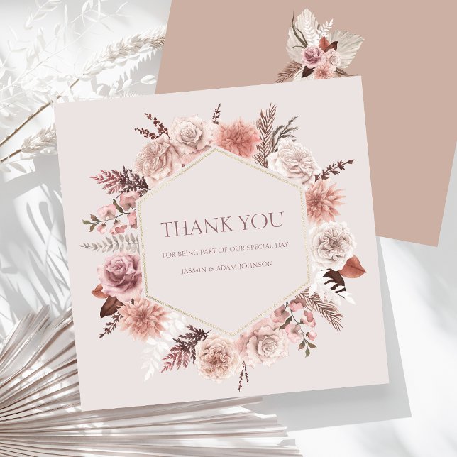 Dusty Rose Pampas Grass Flat Wedding Vielen Dank Dankeskarte (Boho Dusty Pink Dried Flowers Wreath Wedding Thank You Card)