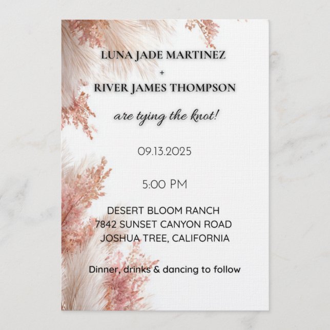 Dusty Rose Pampas Grass Wedding Invitation Einladung (Vorderseite)