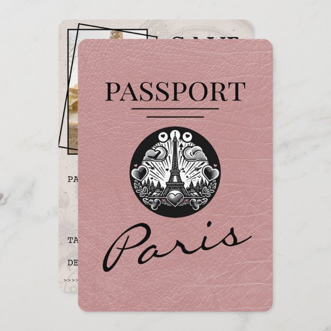 Dusty Rose Paris Passport Save the Date (Vorne/Hinten)