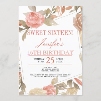 Dusty Rose Peach Cream Floral 16 . Geburtstag Einladung